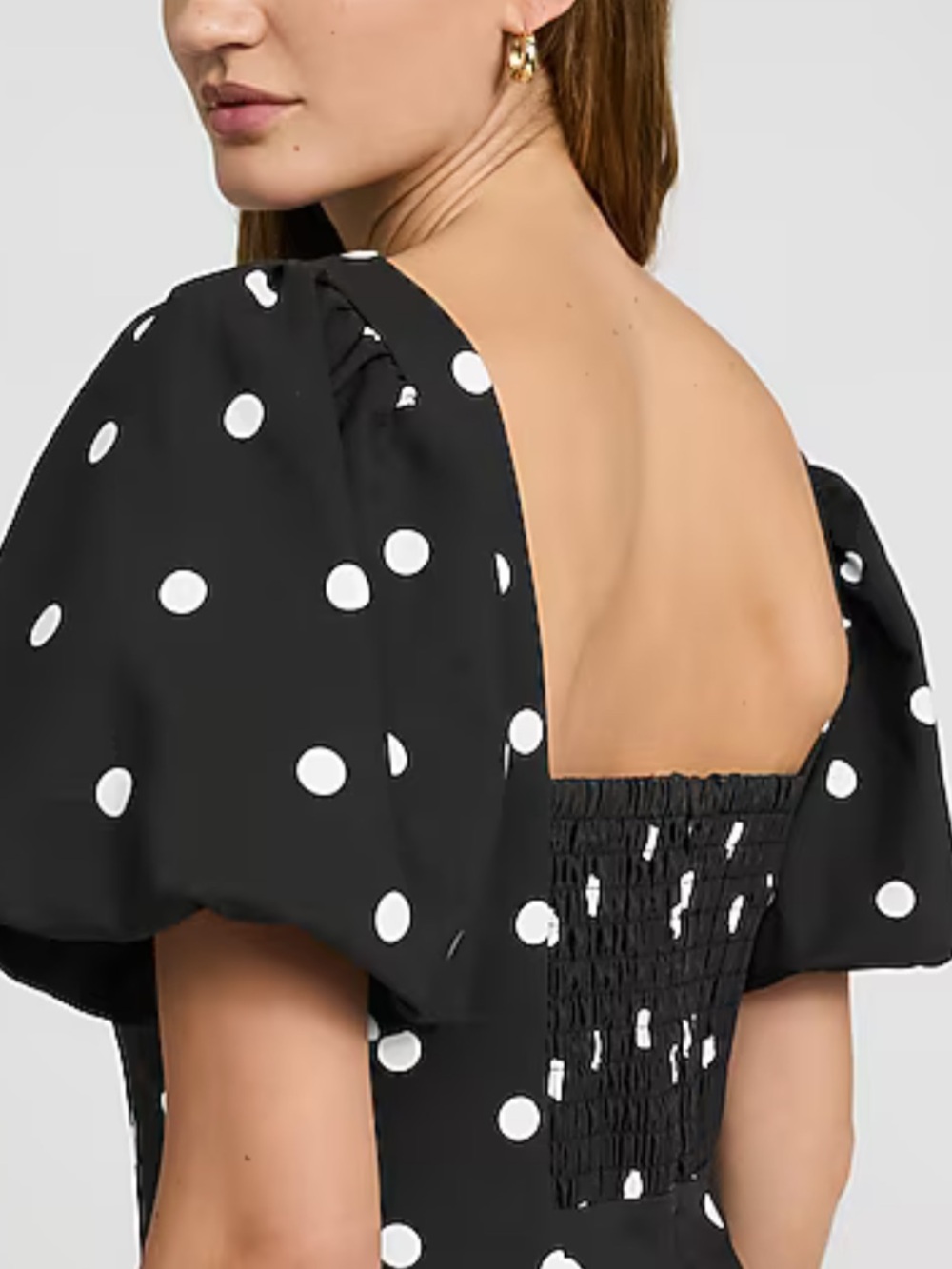 NWT Express Black Polka Dot Stretch Cotton Puff Sleeve Mini Dress - Picture 3 of 3